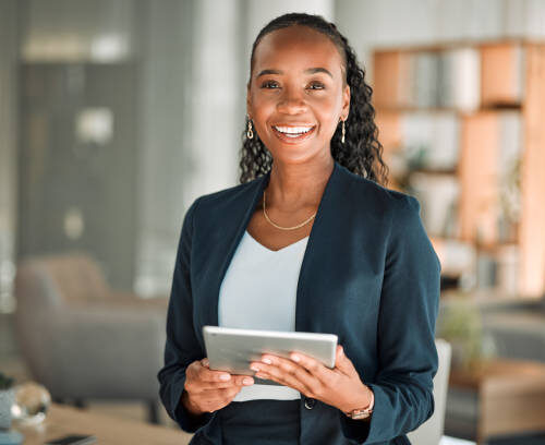 Portrait, lawyer and black woman with tablet, smile and happy in office workplace. African attorney, technology and face of professional, female advocate and legal advisor from Nigeria in law firm.